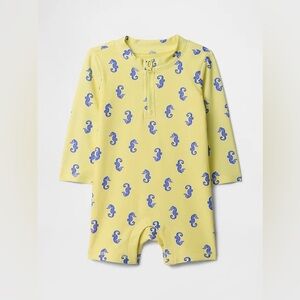 GAP Yellow Long-Sleeve Kids Swim Romper with Blue Seahorses